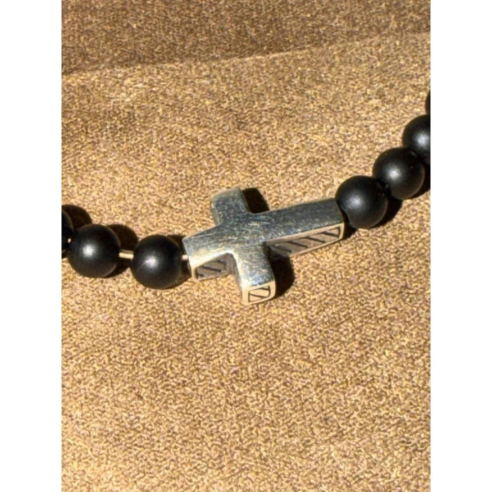 David Yurman Mens 4mm Black Onyx Spiritual Beads Cross Bracelet Sterling Silver